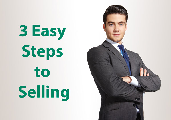Gentleman in a suit with graphic text that says "3 Steps to Selling."