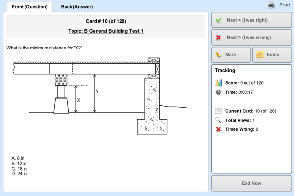 Screenshot of the Flash Card Study Mode showing building plans.