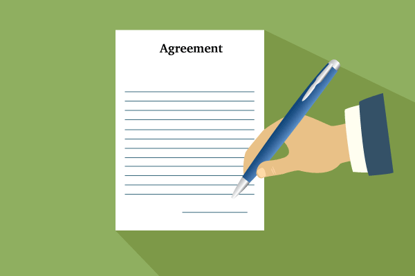 Illustration of a hand signing an agreement.
