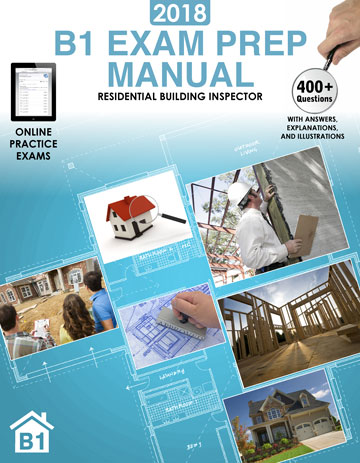 2018 B1 Exam Prep Manual Cover.  Features a building inspector, plans, and a house.
