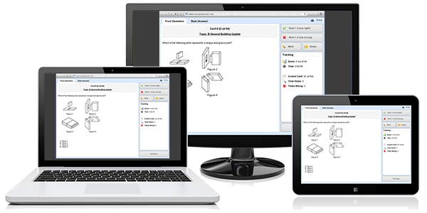 Contractors Online Practice Tests displayed on a laptop, iPad, and desktop computer.