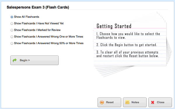 Screenshot that shows the different options for studying flash cards.