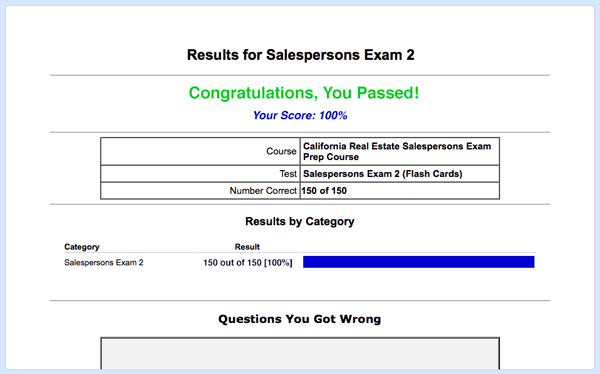 Screenshot showing the results of an exam simulation and score breakdown.
